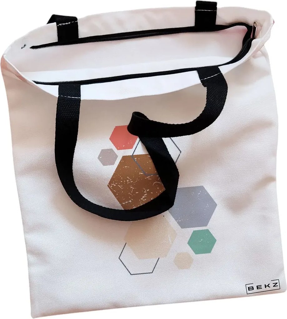 Sacosa de Panza pentru Cumparaturi, Geanta Tote, model Hexagons Pattern, Cu fermoar, 38x34.5 cm, Alba, BEKZ®