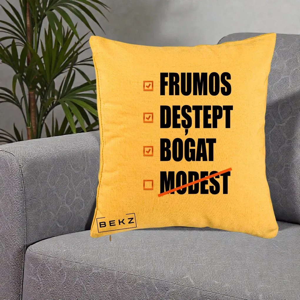 Perna Decorativa Frumos Destept Bogat, 40x40 cm, Galben, Husa Detasabila, Perna Inclusa, BEKZ®
