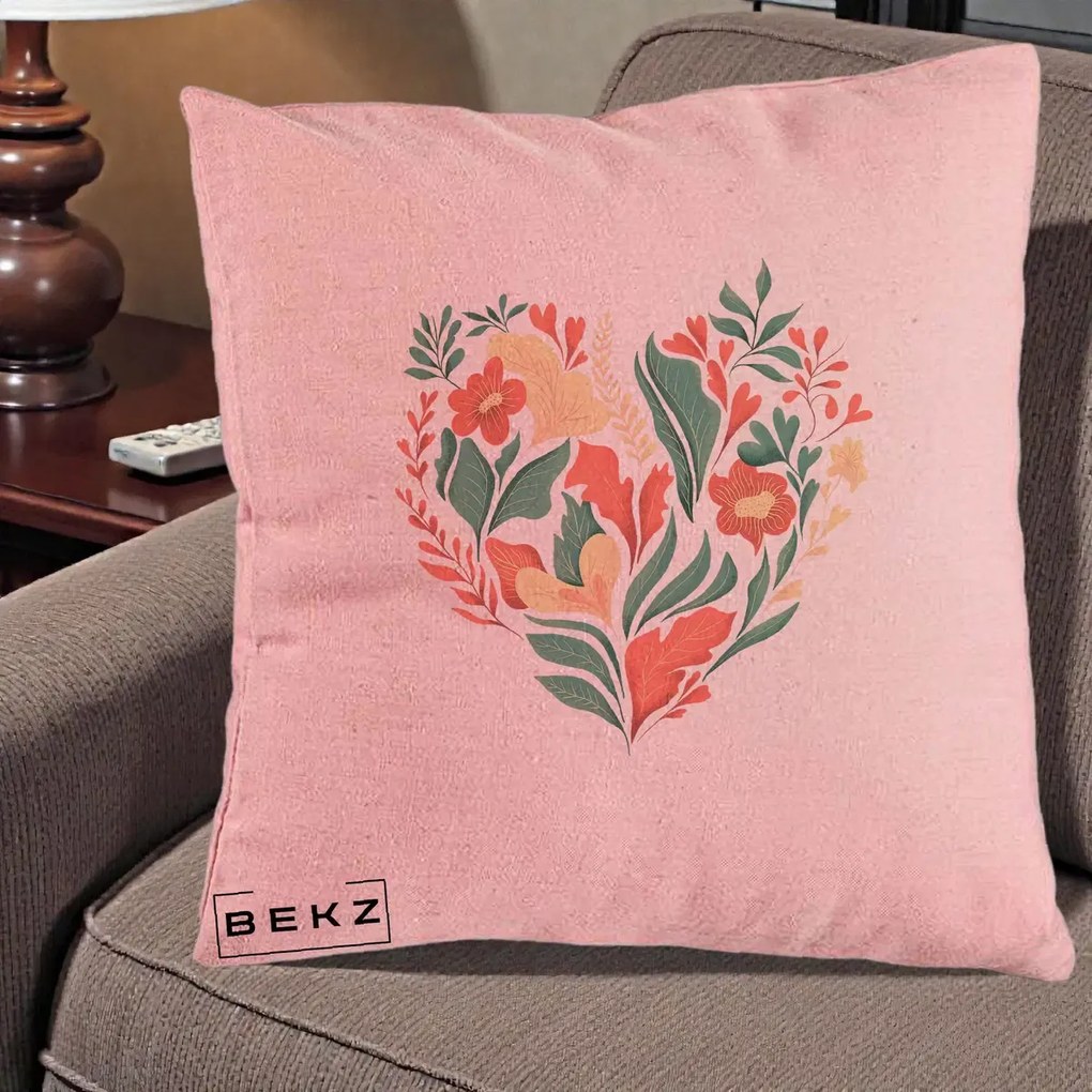 Perna Decorativa Inima Florala Botanica, 40x40 cm, Roz, Husa Detasabila, Perna Inclusa, BEKZ®