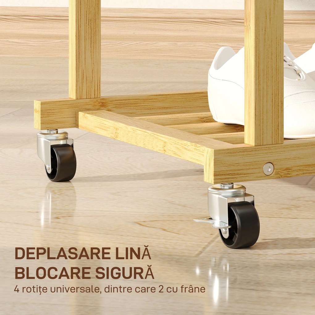 HOMCOM Suport pentru haine cu 2 bare, raft inferior și 4 roți din bambus, 80x40x160 cm, lemn natural | Aosom Romania