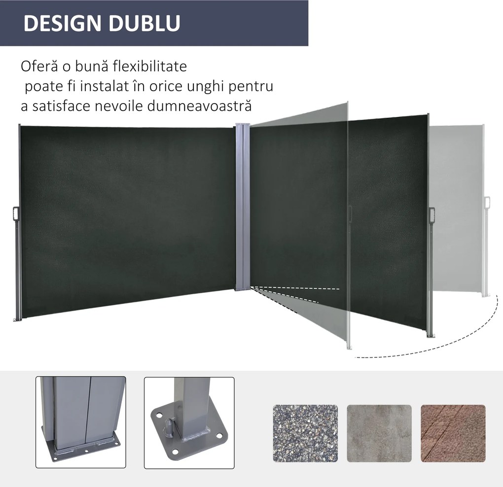Outsunny Perdea Laterală Retractabilă cu Mâner, Paravan din Metal și Poliester 180 g/m², Anti-UV, pentru Intimitate Exterior, pentru Balcon Grădină, 600x180 cm, Gri | Aosom Romania