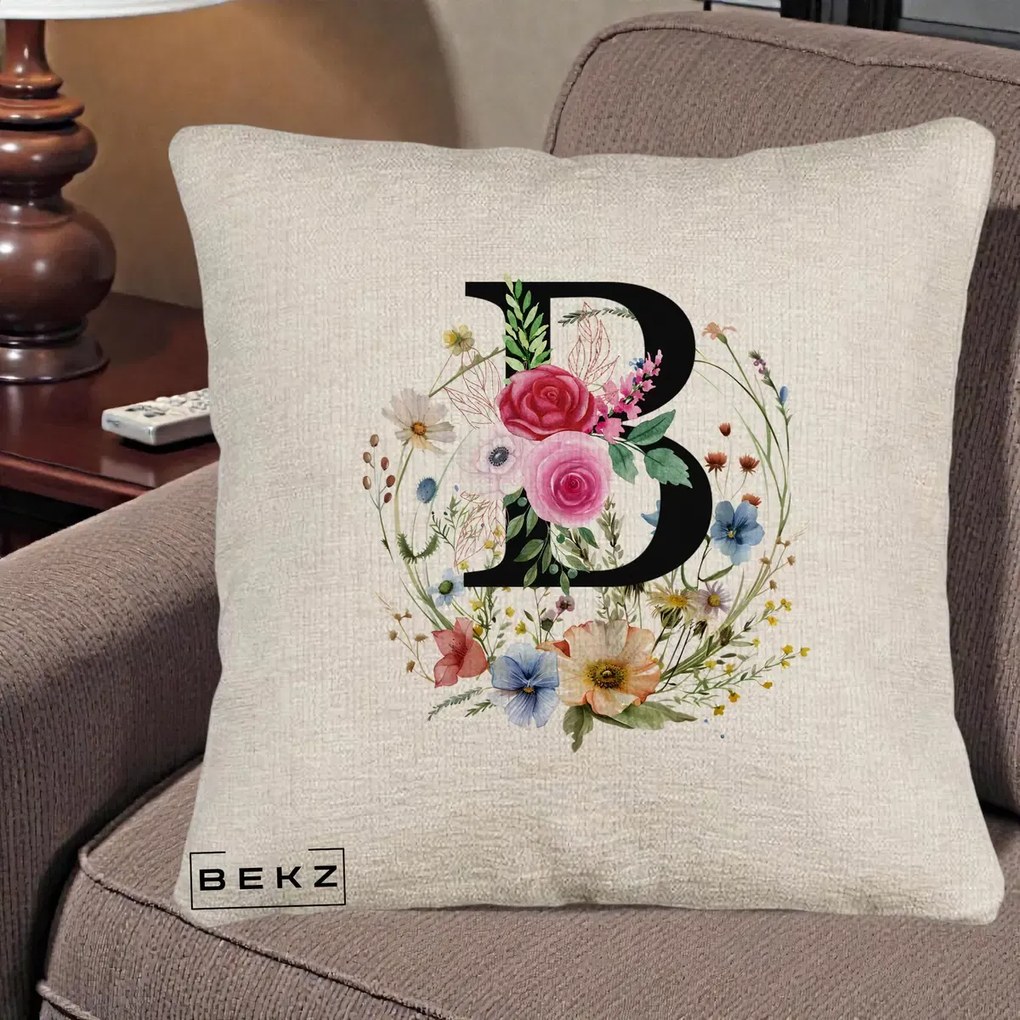 Cadou Personalizat - Perna Personalizata Monogram Litera B cu Flori Acuarela, 40x40 cm, Bej Canapea, Husa Detasabila, Perna Inclusa, BEKZ®