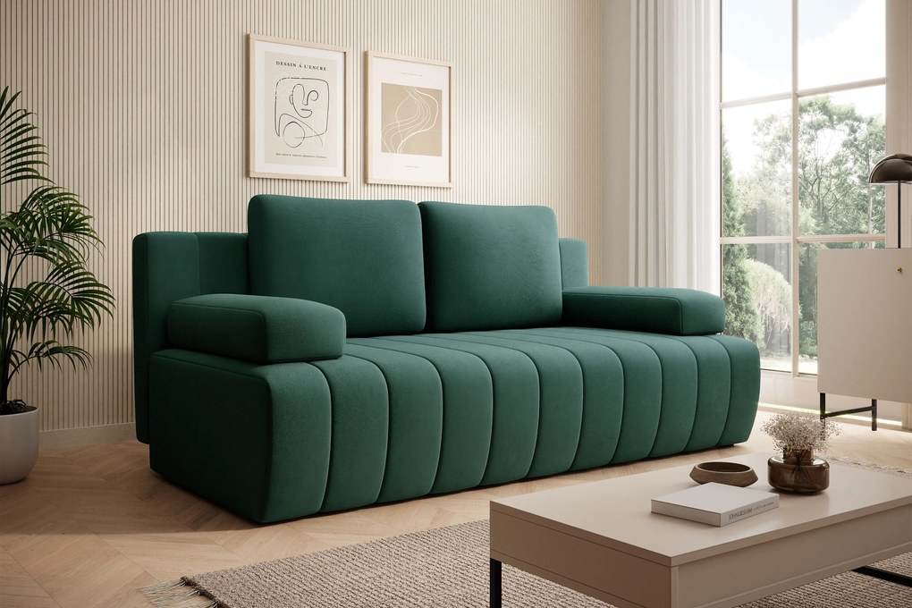 Canapea extensibilă cu ladă de depozitare Neli - verde închis catifea Kronos 19
