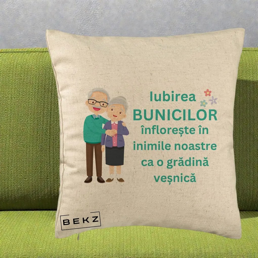 Cadou pentru Bunici - Perna Personalizata Bunicii Iubirea Infloreste Cuplu Senior Teal, 40x40 cm, Bej, Husa Detasabila, Perna Inclusa, BEKZ®