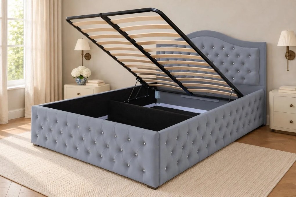 Pat tapițat Chesterfield din catifea Solaria Deluxe Cristal 200×200 cm, gri deschis, cu ladă de depozitare