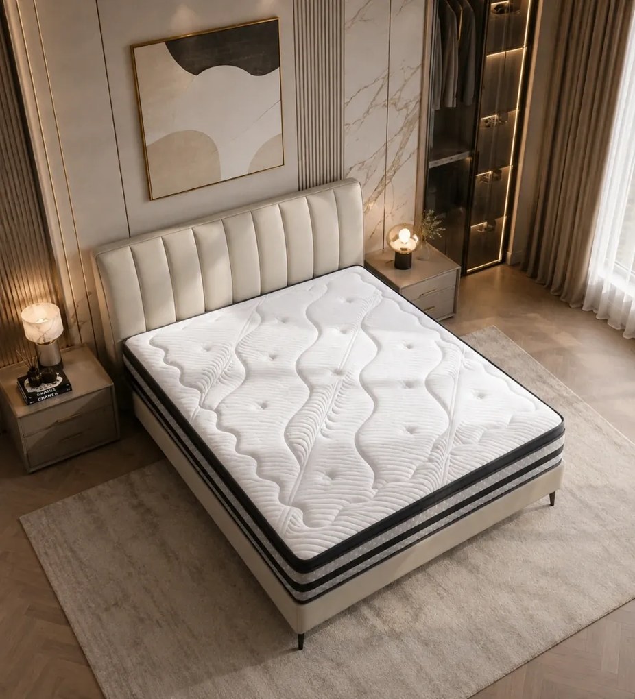 Saltea hibridă premium cu Memory Foam cu Gel și Arcuri individuale, Structură multistrat, suprafața Tencel, 25 cm