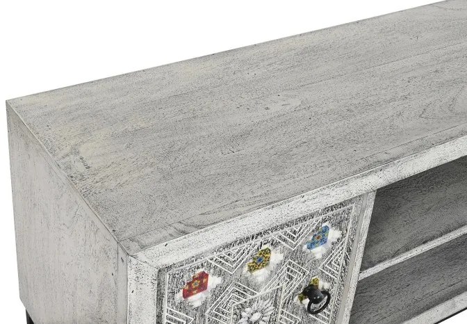 Comoda TV, gri, din ceramica si lemn de mango, Mistral