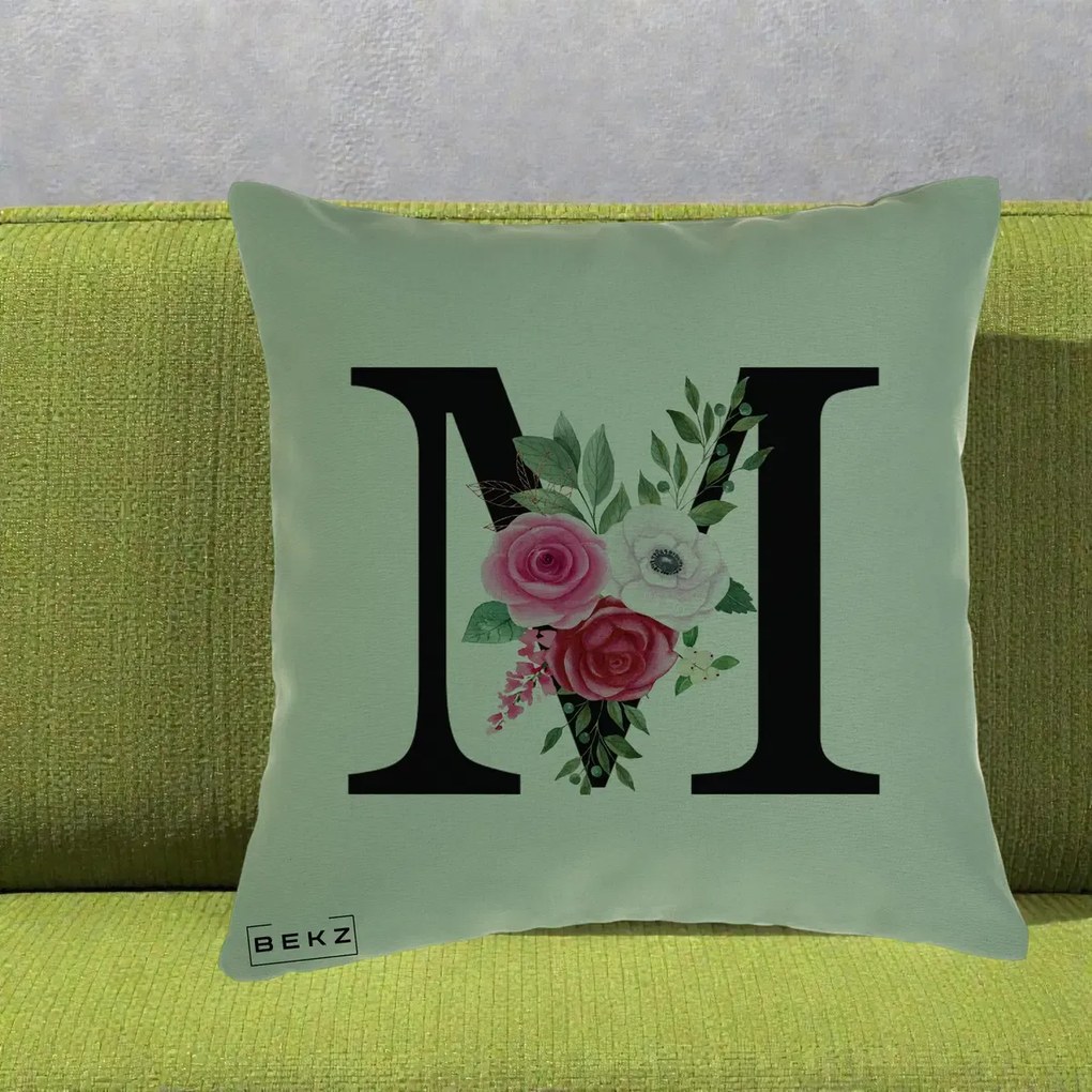Cadou Personalizat - Perna Personalizata Monograma Florala Litera M cu Trandafiri si Anemona, 40x40 cm, Verde, Husa Detasabila, Perna Inclusa, BEKZ®