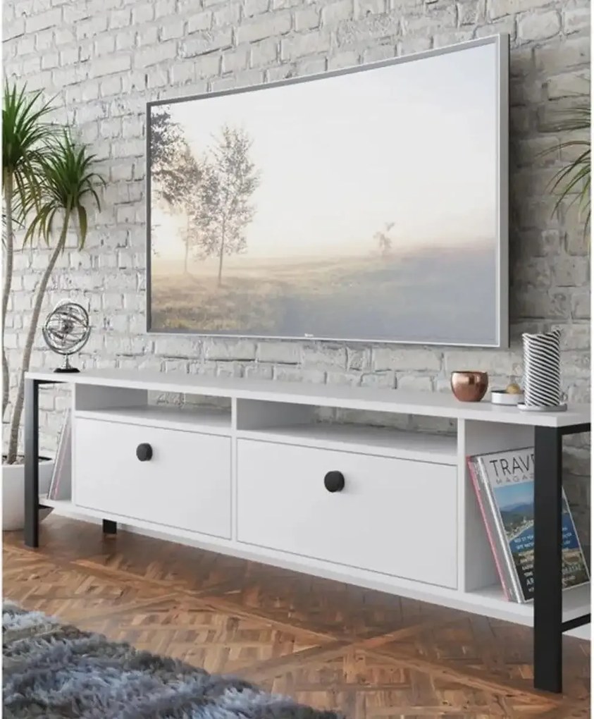 Comoda tv cu picioare metal Homs 150 cm, alb-negru,30402