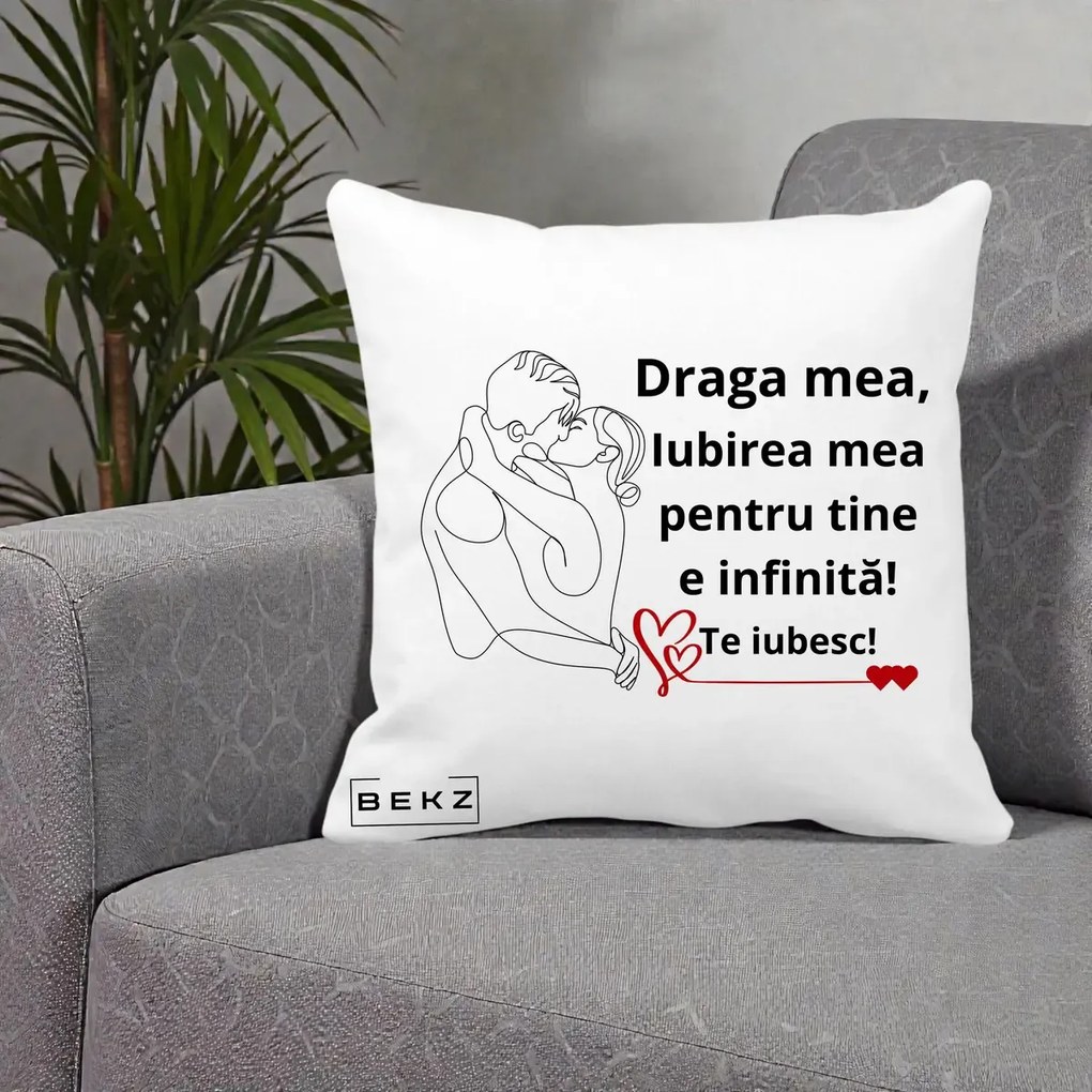Cadou pentru Iubita - Perna Personalizata Draga Mea Iubirea Mea pentru Tine e Infinita Te Iubesc, 40x40 cm, Alba Mata, Husa Detasabila, Perna Inclusa, BEKZ®
