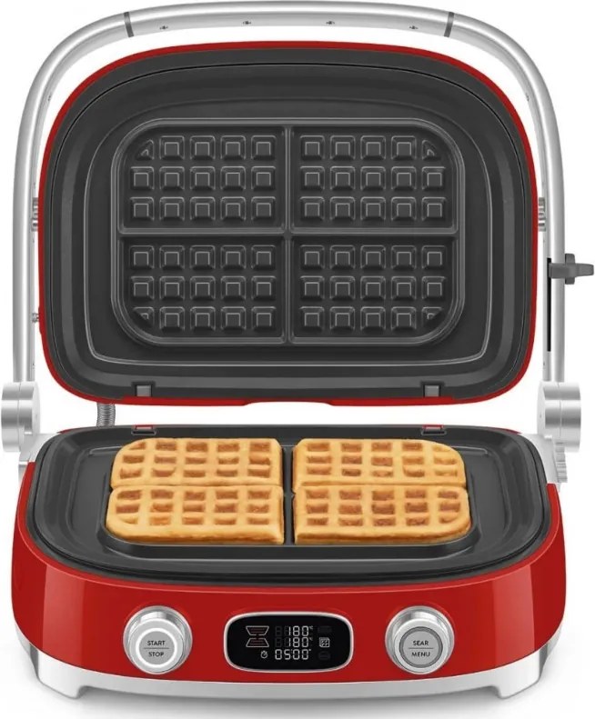 Grătar multifuncțional SMEG 50's Style MGF01RDEU, 2100 W, 60-230 °C, 3 programe, acoperire ceramică, tavă de scurgere, semnal sonor, cronometru, roșu