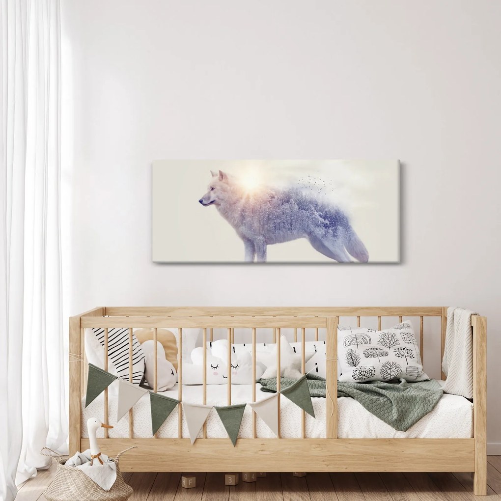Tablou - Lupul arctic oglindit în peisaj sălbatic (120x50 cm)