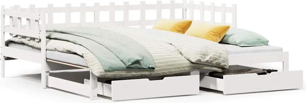 vidaXL Pat de zi cu extensie și sertare fără saltea, alb, 90x200 cm