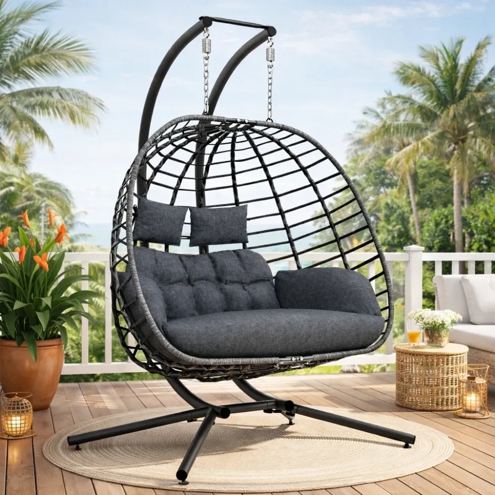 Fotoliu leagan dublu suspendat în formă de ou cu suport, hamac pentru terasă, balansoar pentru 2 persoane, cos pliabil, cu perne detasabile, pentru interior, gazon, grădină, Gri inchis