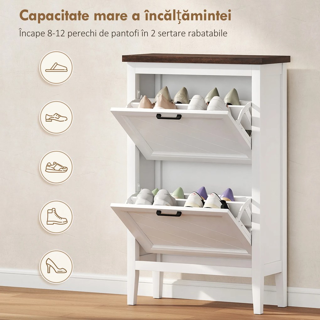 HOMCOM Dulap pentru Pantofi cu 2 Sertare Rabatabile, Design Country Slim cu Rafturi Reglabile, Organizator Freestanding pentru Intrare, Hol, Living, Capacitate 8-12 Perechi, Alb | Aosom Romania