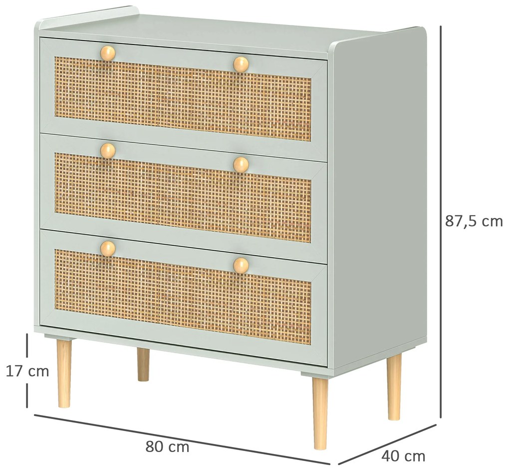 HOMCOM Comodă design boho din ratan cu 3 sertare, mobilier de depozitare pentru living, hol, intrare, verde măsliniu | Aosom Romania