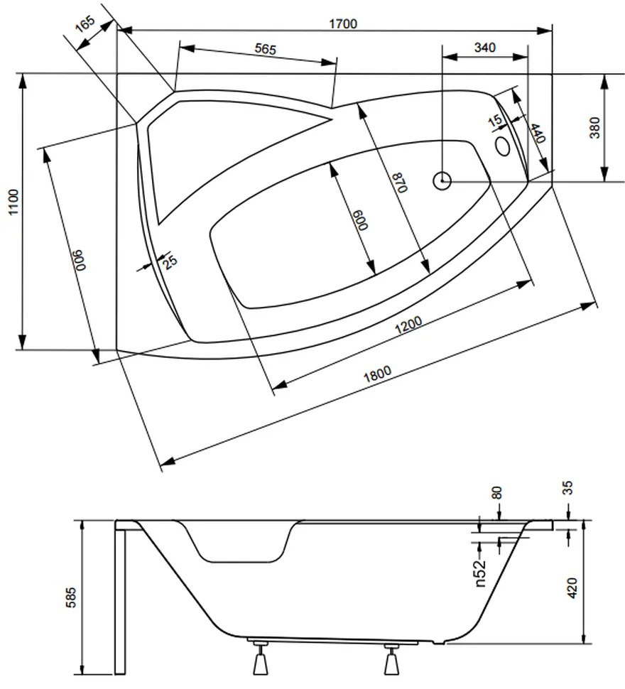 Cada baie asimetrica cu sezut, acril, 170 x 110 cm, orientare stanga, Besco Rima 1700x1100 mm, Stanga