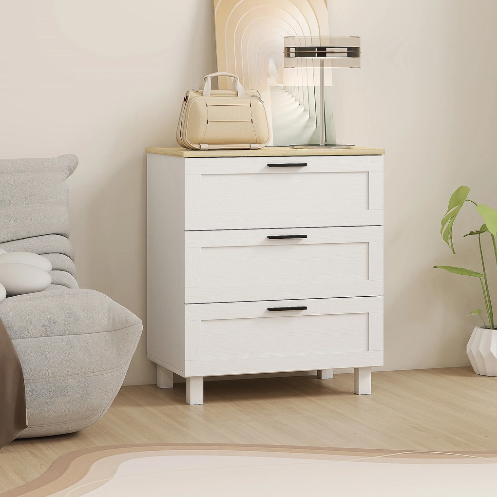 HOMCOM Comodă Modernă cu 3 Sertare 60x38x71 cm Albă și Culoare Lemn | Aosom Romania