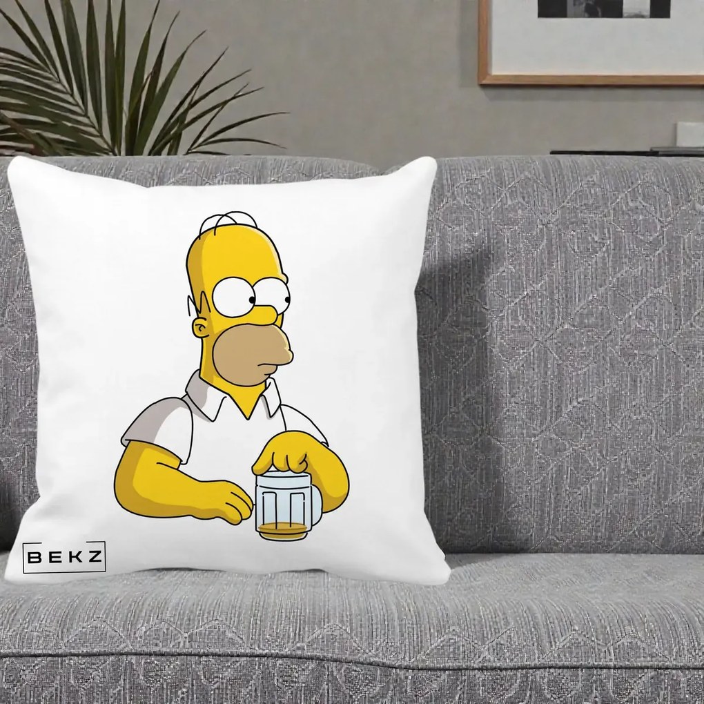 Perna Personalizata Homer Simpson cu Bere, 40x40 cm, Alba Mata, Husa Detasabila, Perna Inclusa, BEKZ®