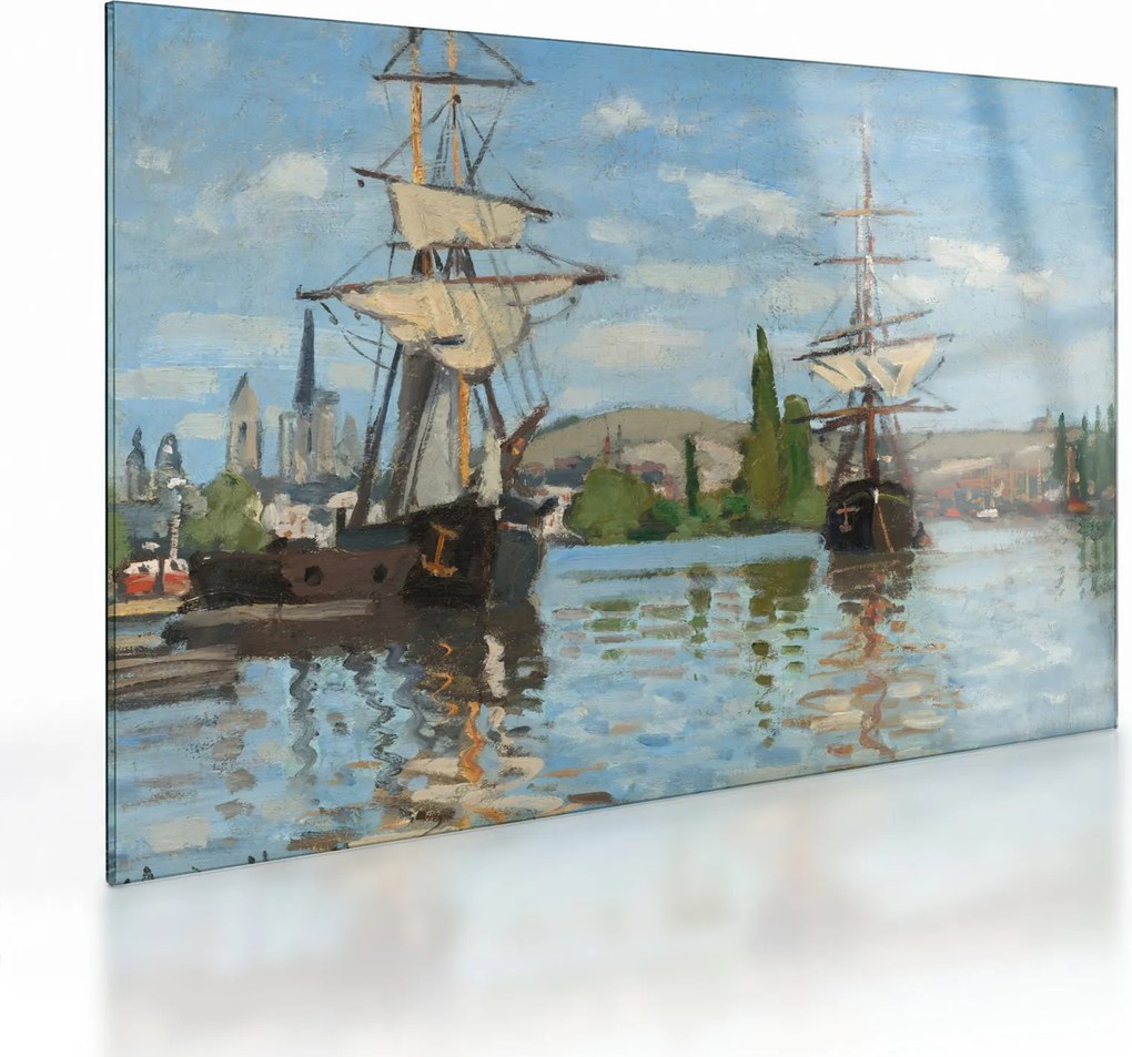 Tablou pe sticlă - Claude Monet, Ships Riding on the Seine at Rouen, reproducere (70x50 cm)