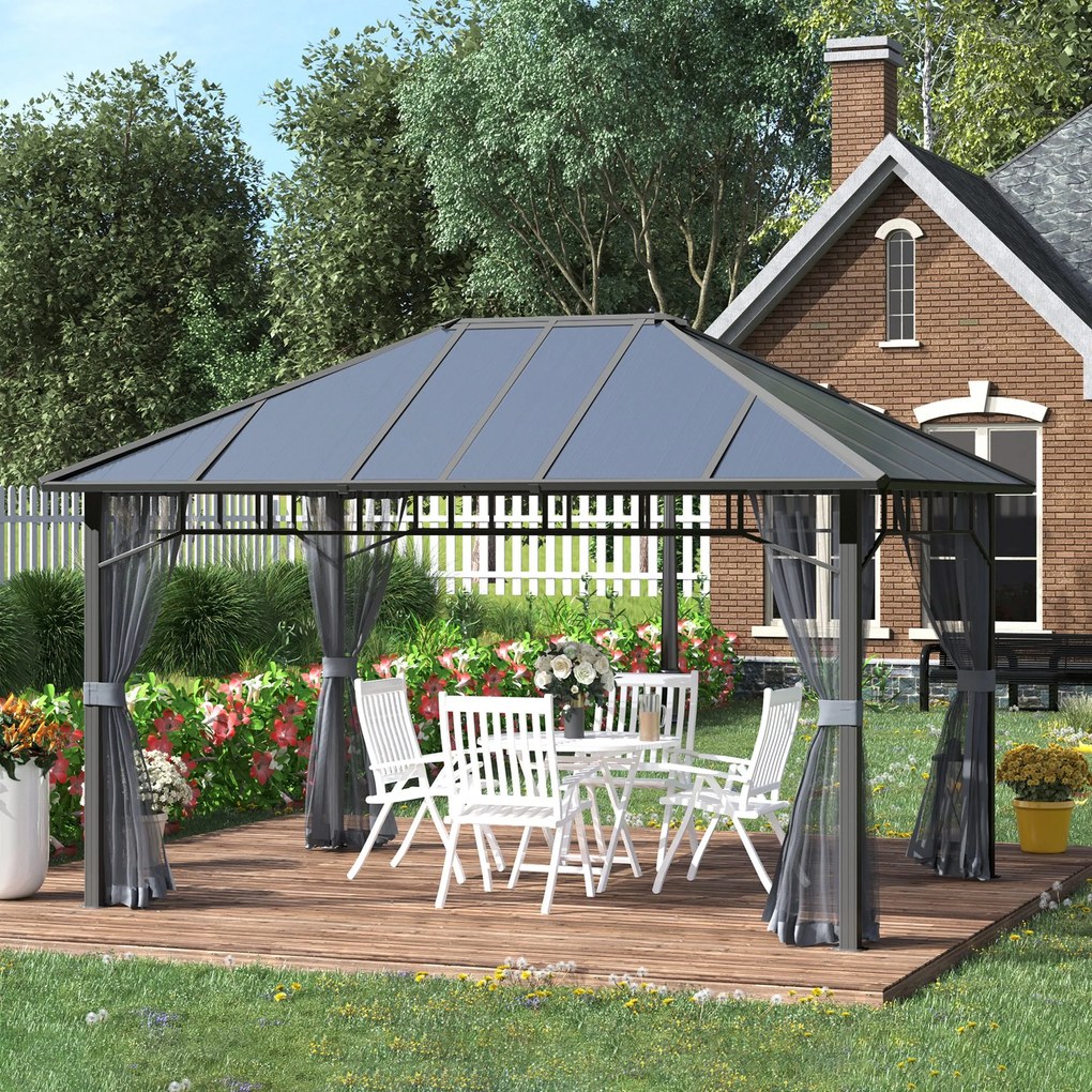 Outsunny Pavilion cu acoperis rigid din policarbonat 4 x 3 (m), Pergola cu cadru din aluminiu cu plasa, pentru gradina, veranda, Gri