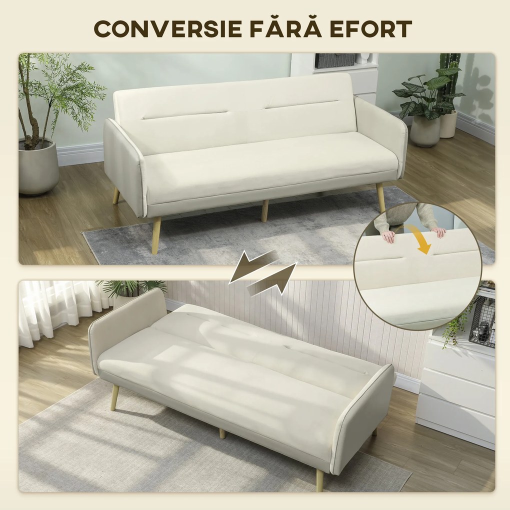 HOMCOM Canapea Extensibilă 3 Locuri Convertibilă cu Cotiere din PU, Colțar Reclinabil Clic Clac în Catifea cu Picioare Metalice și Cadru din Lemn, pentru Living sau Dormitor, 185x84x83 cm, Bej | Aosom Romania