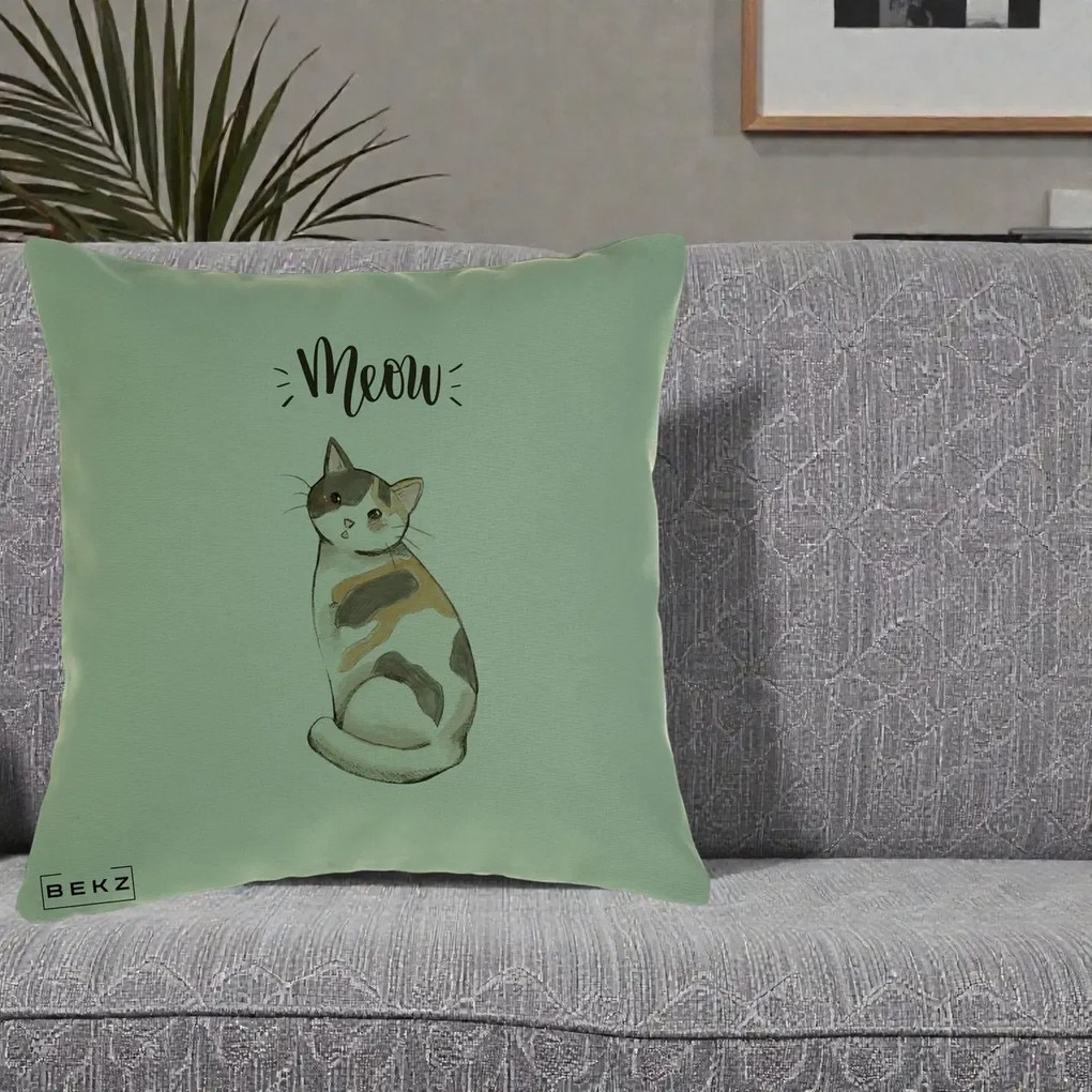 Perna Personalizata Pisica Meow Acuarela, 40x40 cm, Verde, Husa Detasabila, Perna Inclusa, BEKZ®