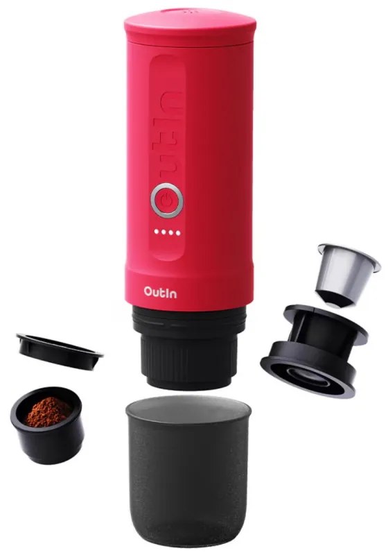 Espressor portabil Outin Nano Crimson Red, 12/24 V, 7500mAh, 20bar, 80 ml, Incarcare USB, Cafea macinata si capsule, Rosu