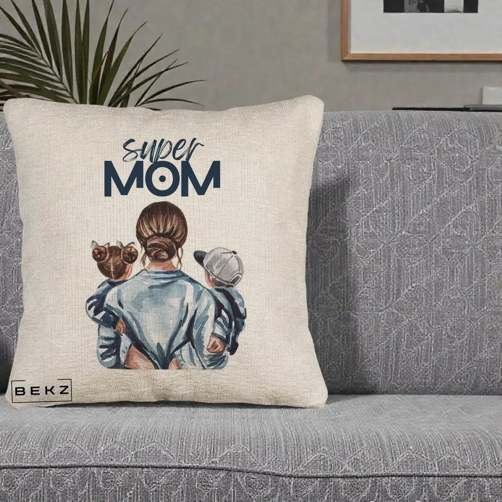 Cadou pentru Mama - Perna Personalizata Super Mom, 40x40 cm, Bej Canapea, Husa Detasabila, Perna Inclusa, BEKZ®