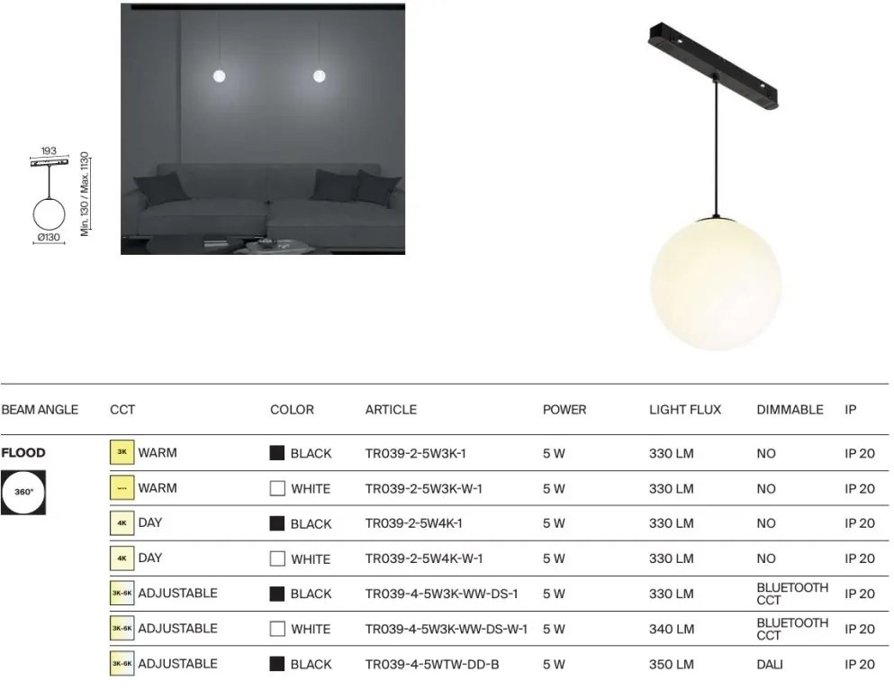 Spot LED suspendat, accesoriu pentru sina magnetica Exility, Luna Smart alb