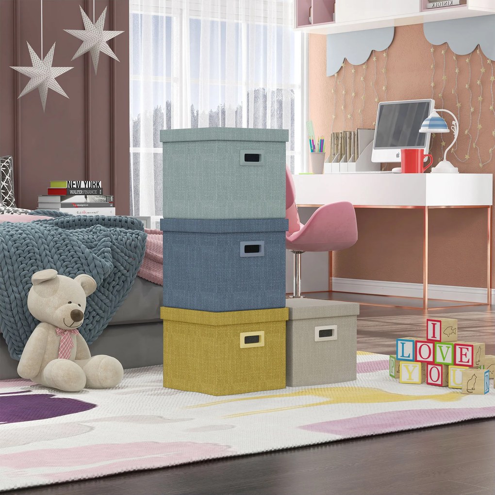 HOMCOM Set de 4 Cutii pentru Dulap din Țesătură cu Capac, Organizator Pliabil pentru Dulap, 30x30x29 cm, Multicolor | Aosom Romania