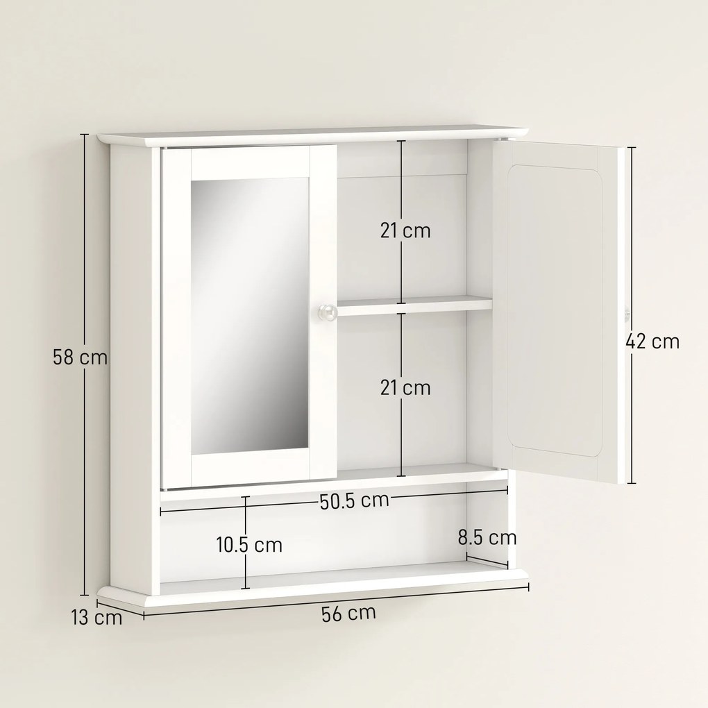 HomCom Dulap de Baie cu Oglindă, Spațiu Depozitare, 56x13x58 cm, Design Modern, Alb | Aosom Romania