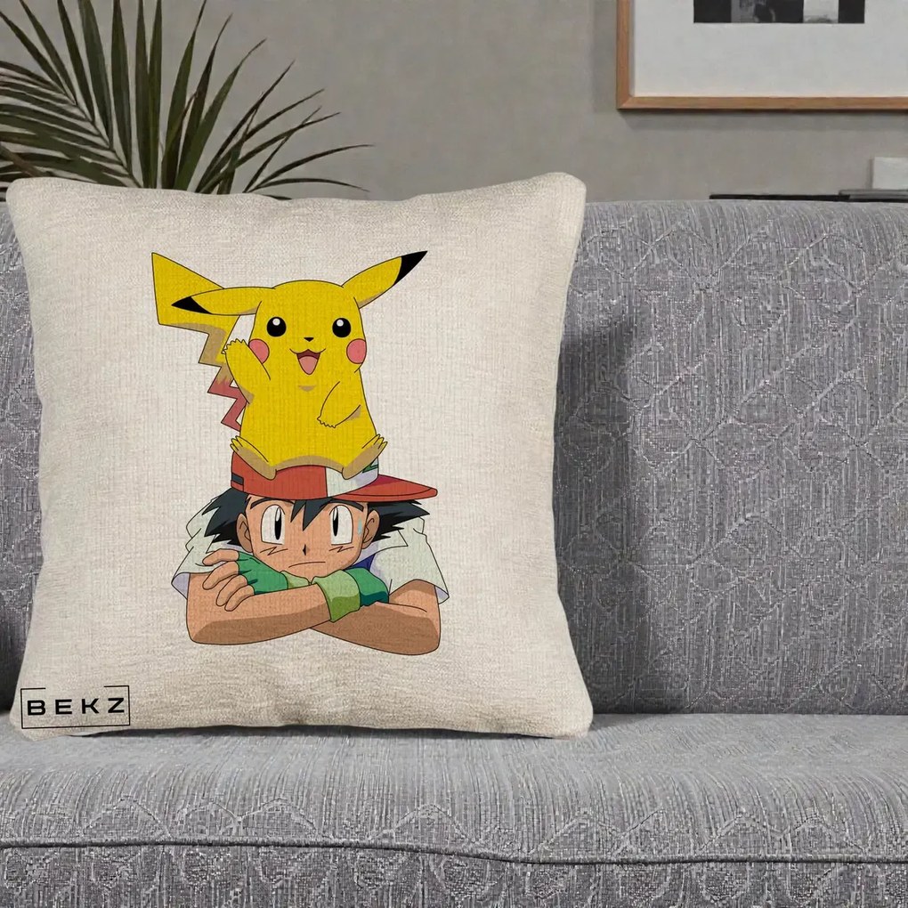 Perna Personalizata Ash si Pikachu, 40x40 cm, Bej Canapea, Husa Detasabila, Perna Inclusa, BEKZ®