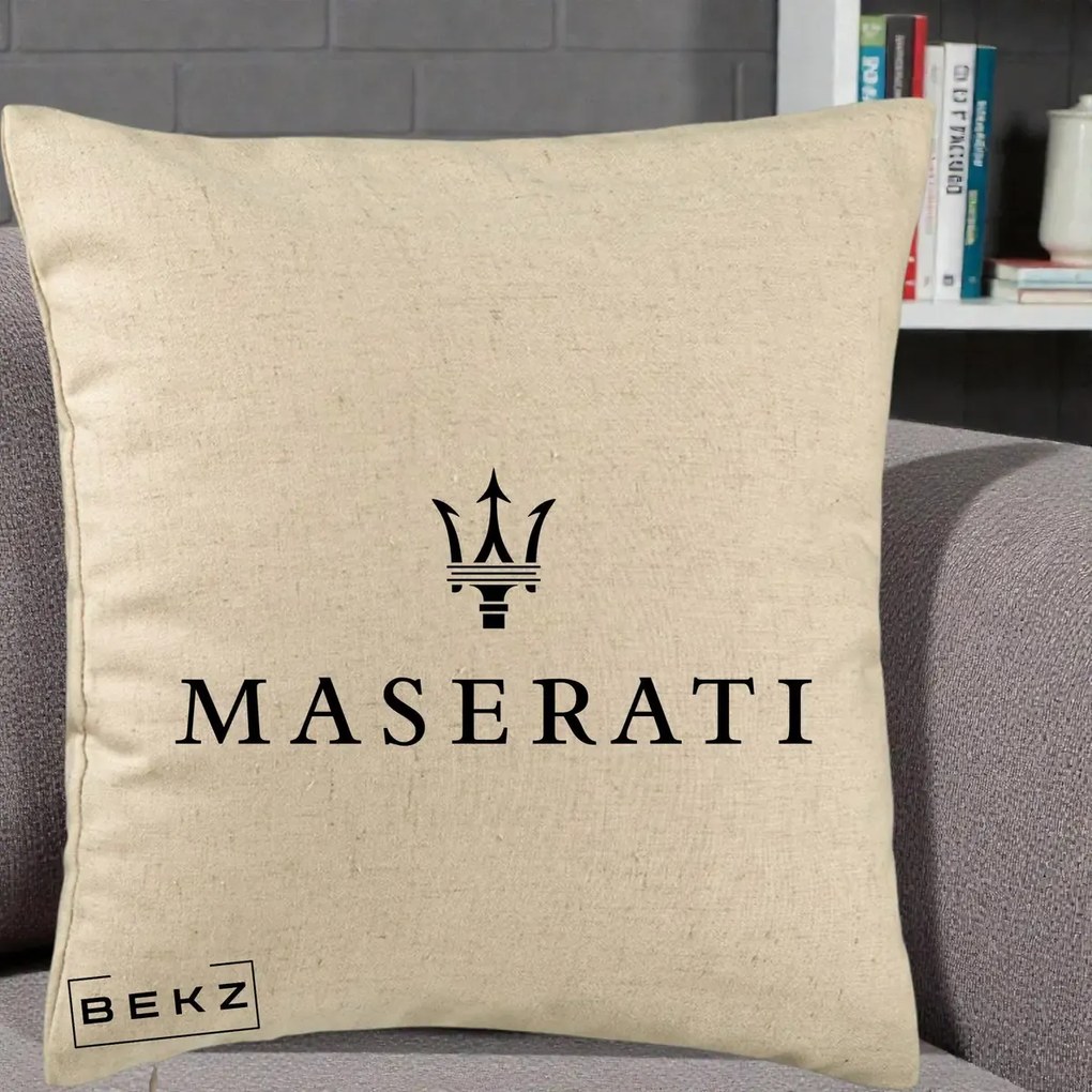 Perna Personalizata cu emblema Maserati, 40x40 cm, Bej, Husa Detasabila, Perna Inclusa, BEKZ®