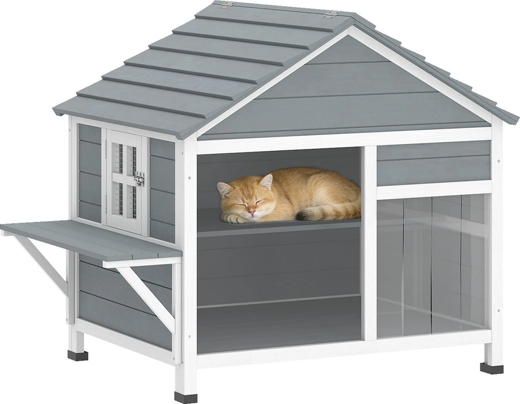 PawHut Casă pentru Pisici Exterioară cu Acoperiș Deschizabil, Fereastră Panoramică, Ușă cu Obloane și Platformă de Odihnă 101x72,5x81cm Gri | Aosom Romania