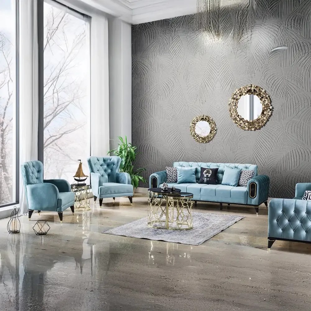 Canapea extensibila 3 locuri 225x89x90 cm – stofa albastra, detalii aurii – Salsa