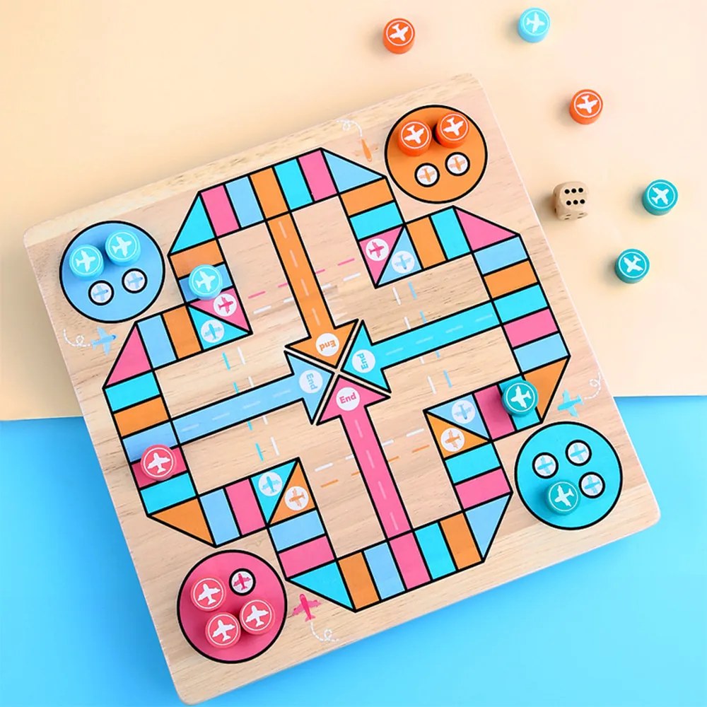 Joc de masă din lemn 3 în 1, puzzle-uri cu bile, șah zburător