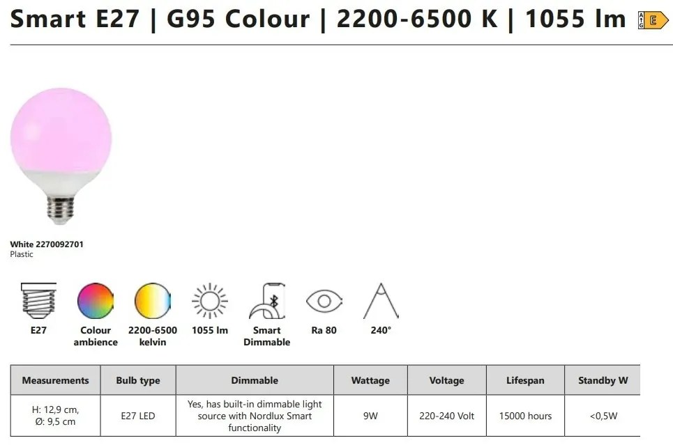 Bec Smart LED RGB E27 G95 Deco 2200-6500K 1050Lm White
