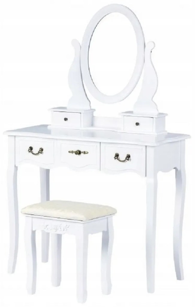 Set Otilia, Masă de toaletă pentru machiaj cu scaun, oglindă și 5 sertare, Alb,