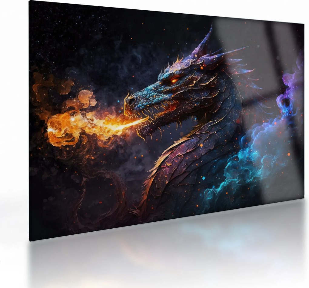 Tablou pe sticlă - Dragon scuipând flăcări (70x50 cm)