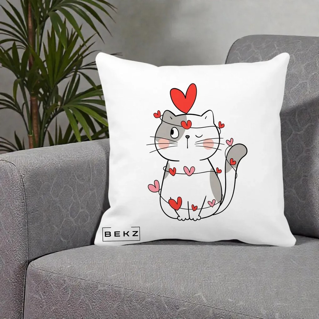 Perna Decorativa Pisica Kawaii cu Inimi, 40x40 cm, Alba Mata, Husa Detasabila, Perna Inclusa, BEKZ®