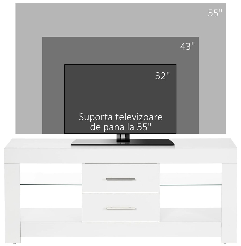 HOMCOM Comodă TV Modernă 55" cu LED RGB (12 Culori), Telecomandă Inclusă, Lemn cu Etajere din Sticlă, Dimensiune 120x40x50cm, Alb | Aosom Romania