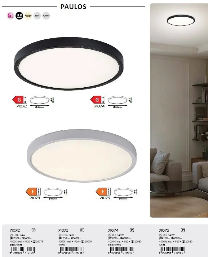 Plafoniera LED slim 30cm Paulos alb