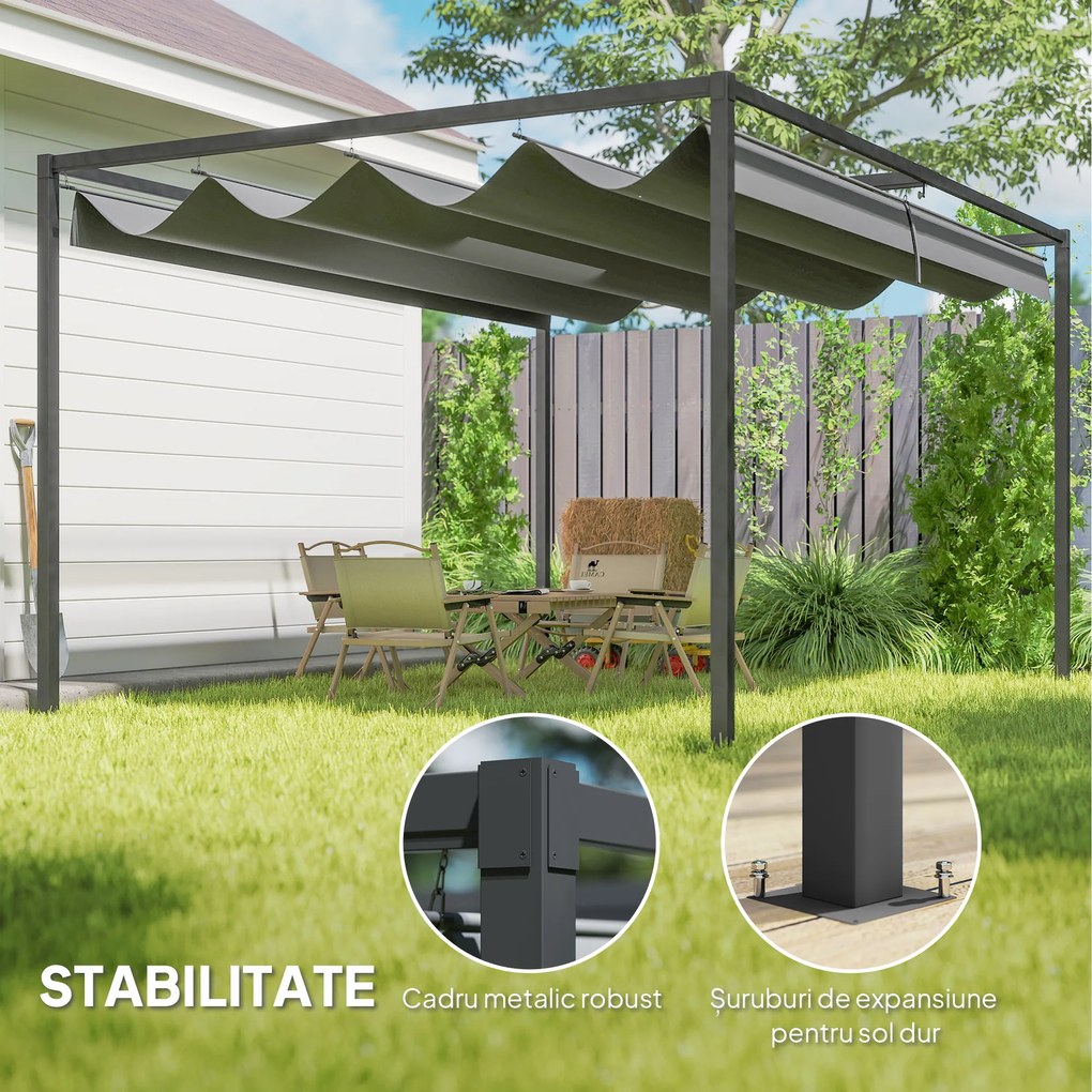 Outsunny Pergolă Gazebo 4x3 m cu Acoperiș Retractabil, Orificii de Drenaj, Țepușe și Șuruburi, Pergolă pentru Grădină din Poliester și Metal, Gri Închis | Aosom Romania