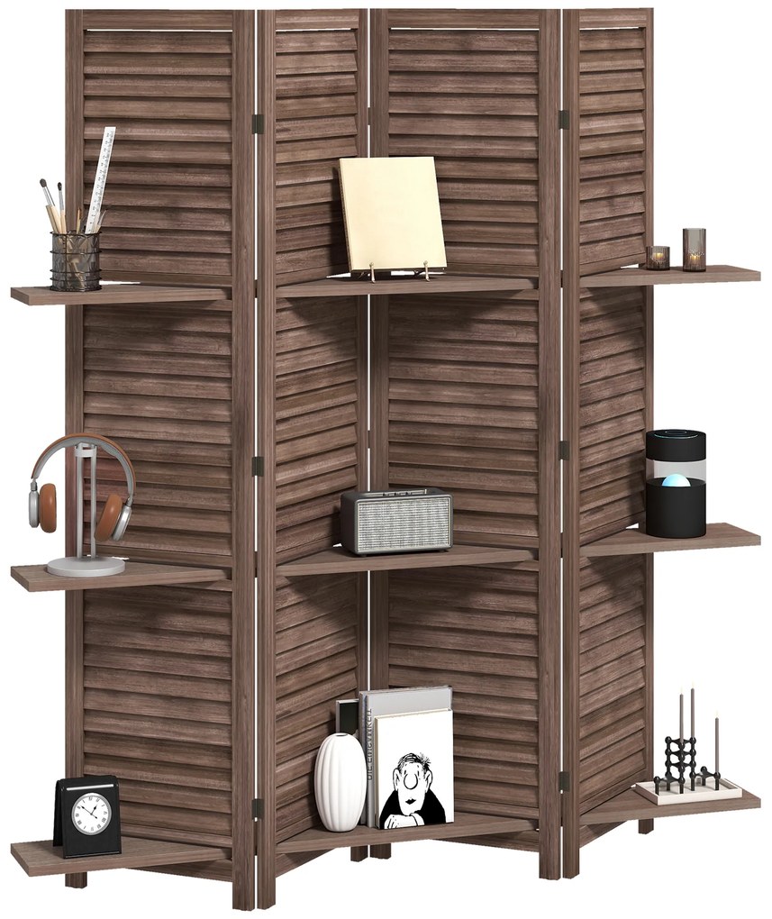 HOMCOM Paravan interior din lemn 4 panouri 160 x 170 cm, separator de cameră pliabil cu 3 rafturi, nuc | Aosom Romania