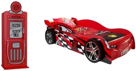 Set Cameră Auto pentru Copii: Pat Mașină de Curse NIGHT SPEEDER și Dulap Benzinărie, 2 Piese, Roșu (MDF) – Vipack