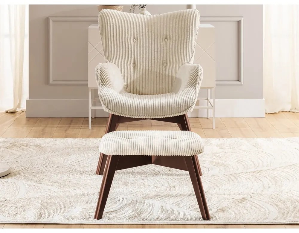 Fotoliu cu taburet bej cu tapițerie din catifea reiată Niko – Ropez