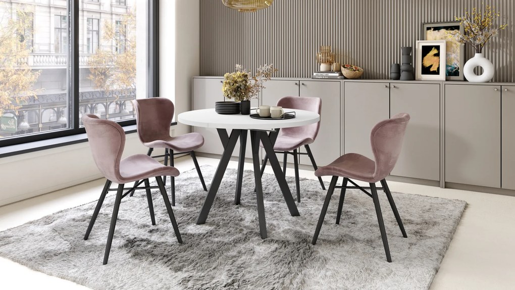 Mazzoni ALMO Alb Mat/picioare negre - MASĂ ROTUNDĂ EXTENSIBILĂ CU PICIOARE ÎN FORMĂ DE Y STIL LOFT PENTRU SALON/SUFRAGERIE