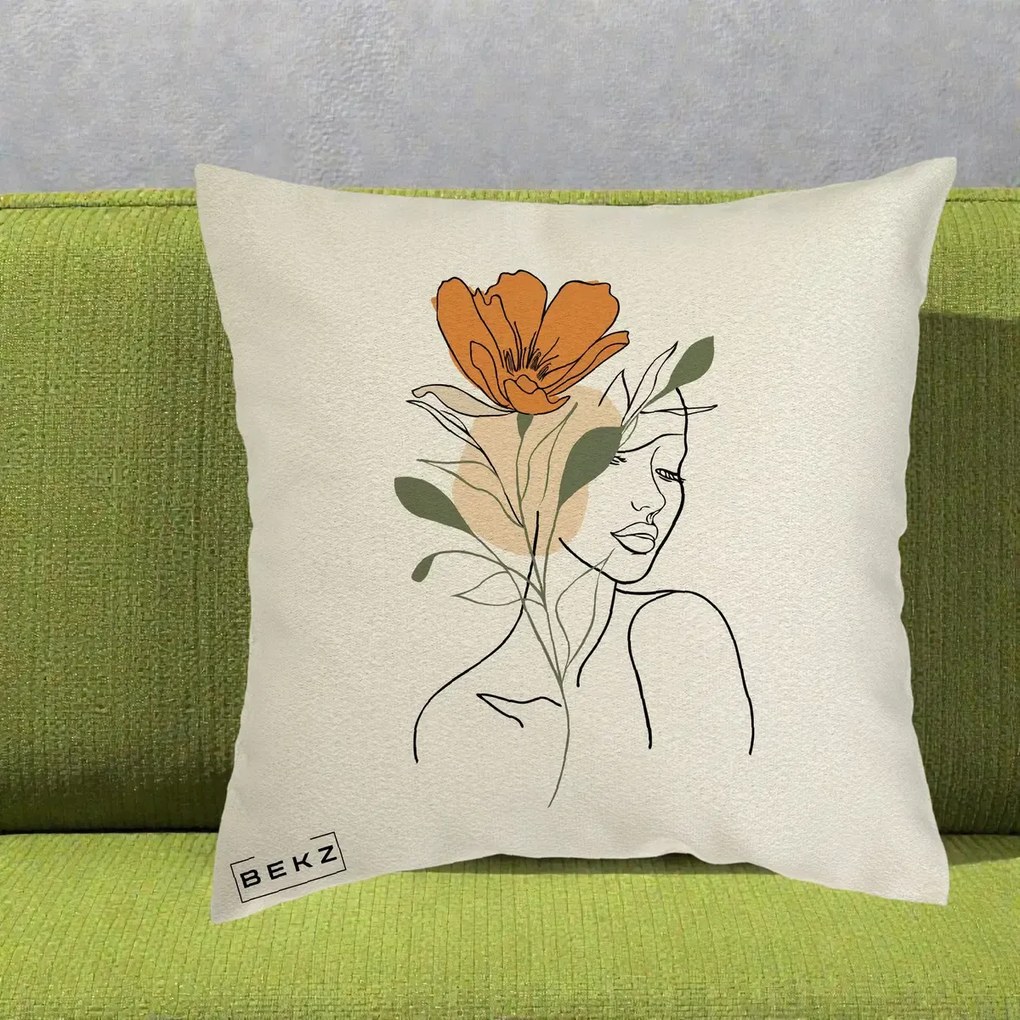 Perna Decorativa Portret Feminin Floare Portocalie, 40x40 cm, Ecru, Husa Detasabila, Perna Inclusa, BEKZ®