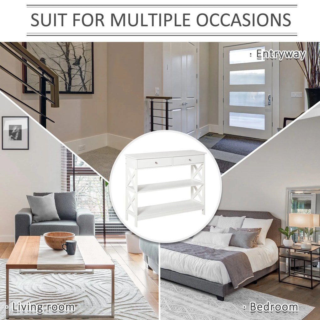 HOMCOM Consolă, cu 2 Sertare și Rafturi Reglabile, Design Modern, Structură Solidă cu Sistem Anti-Răsturnare, 100x30.5x80 cm, Albă | Aosom Romania